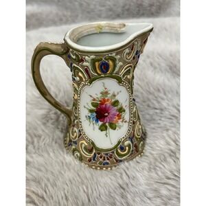 Antique Porcelain Pitcher Floral Embossed Gold Trim Miniature Collectible